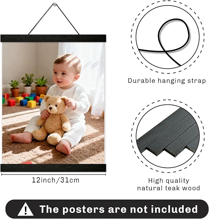 3 Pack Magnetic Poster Hanger Frame 12 inch Black,12x16 12x18 12x20 12x24 Wood Magnet Frames Hangers for Photos, Pictures, Prints, Maps, Canvas Artwork,Diamond Art Painting,Canvas Hanger