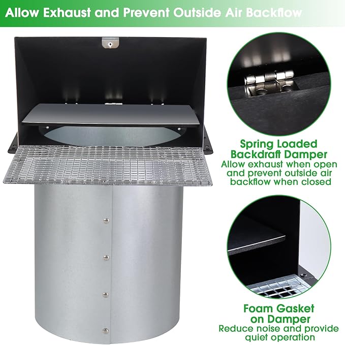 8 inch Hooded Wall Vent with Screen and Damper,Wall Vent Cover Exhaust Vent Outdoor Wall Cap Exterior Air Vent Cover for Kitchen Range Hood HVAC Duct Dryer Ventilation,Galvanized Steel,Black