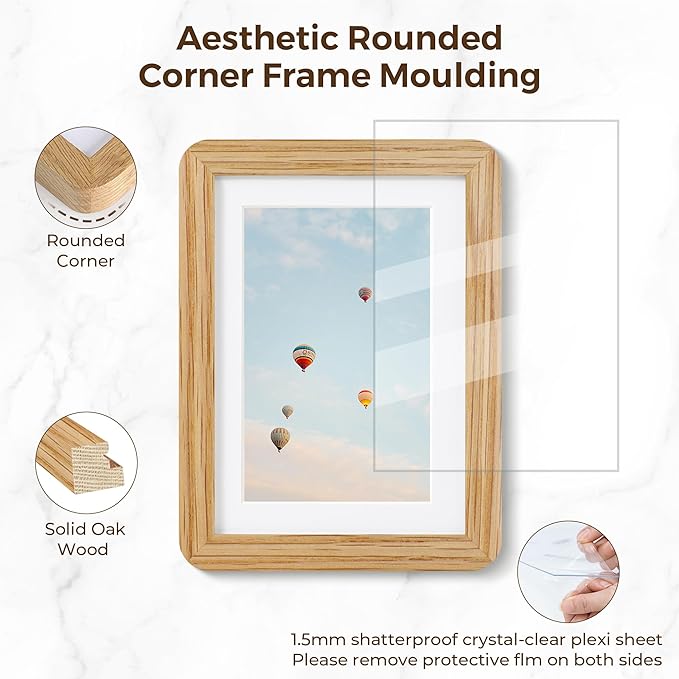 5x7 Picture Frame, 5 by 7 Photo Frames for Wall & Tabletop Display, Solid Oak Wood Frames with Plexiglass, 5x7 Frame Matted to 4x6, Light Wood 5 x 7 Gallery Wall Frame set, Natural Oak Color, 1 Pack