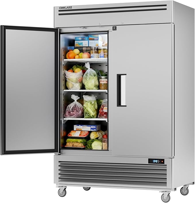 Coolake 49 Cu Ft Commercial Refrigerator, 54.4" W 2 Door Upright Fridge with 8 Adjustable Shelves, Frost-free Stainless Steel Industrial Reach-in Refrigerator for School Restaurant Church Prep Kitchen