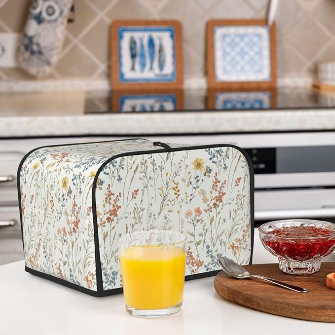 4 Slice Toaster Cover for Kitchen Wildflower Flower Botanical Spring Waterproof Dustproof Toaster Dust Cover with Side Pockets Decorative Universal Cover for Wide Slot Toasters Small Appliances