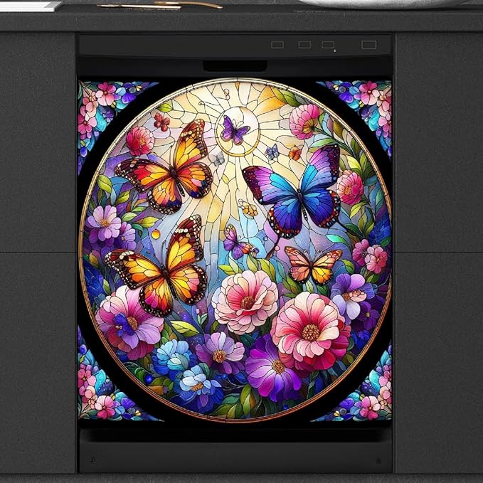Dishwasher Magnet Cover Spring Butterfly Flower Front Dishwasher Cover Decoration Reusable Magnetic Door Cover Panel Decal Home Appliances Stickers Kitchen Refrigerator Fridge 23"x26"
