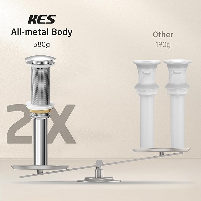 KES Polished Chrome Bathroom Sink Drain with Extended Thread, All Metal Pop Up Drain Stopper without Overflow for Thicker Vessel Sinks and Countertops, Brass and Stainless Steel, S2022D-CH