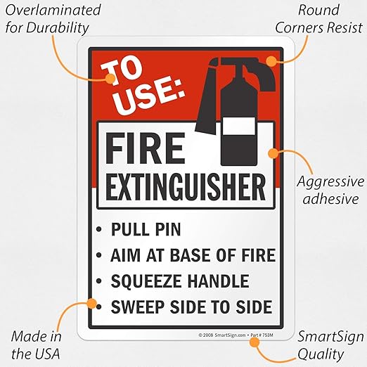 SmartSign 7"x5" "To Use Fire Extinguisher - Pull Pin, Aim at Fire, Squeeze Handle, Sweep' Sticker Label with Symbol, 3 mil Laminated Adhesive Polyester, Red/Black/White, USA-Made