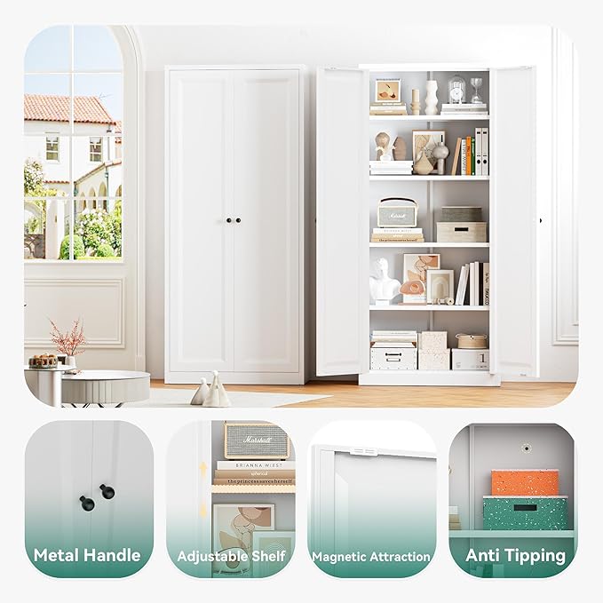 Greenvelly Metal Cabinet, 63" H White Metal Storage Cabinet with Doors and 4 Shelves, Pantry Storage Cabinet for Kitchen, Bedroom, Living Room, Office (Modern)