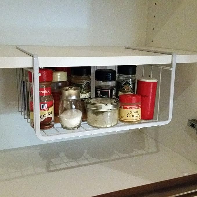 Modern Home Under Shelf Wire Storage Baskets – Hanging Organizer Rack for Cabinet, Pantry, or Closet – White Metal Basket for Kitchen, Towels, or Office – No Tools Required (Set of 4 11")