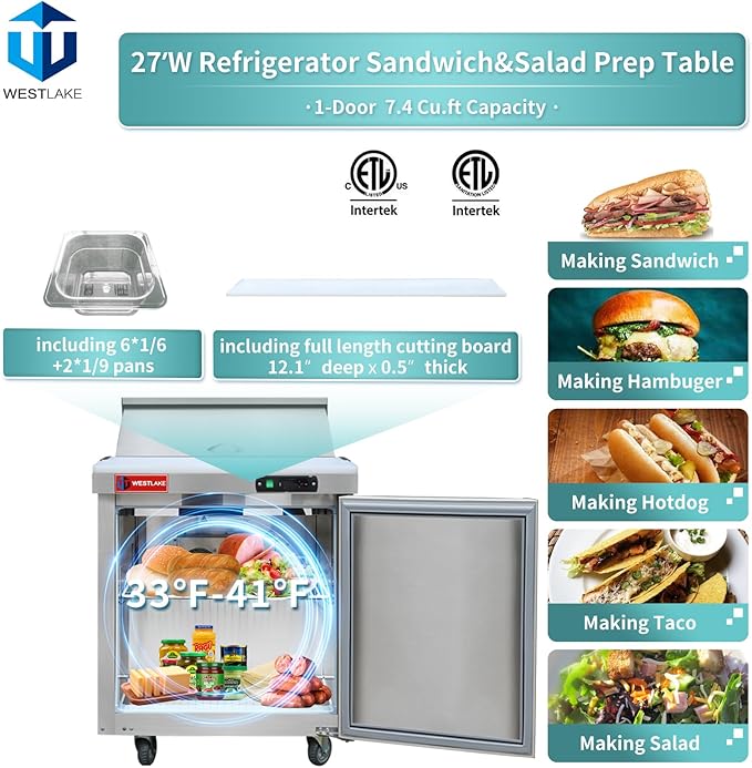 WESTLAKE 27" W Refrigerator Sandwich & Salad Prep Table Commercial Stainless Steel Counter Fan Cooling Refrigerator with 8 Pans-27 Inches for Restaurant, Bar, Shop, etc