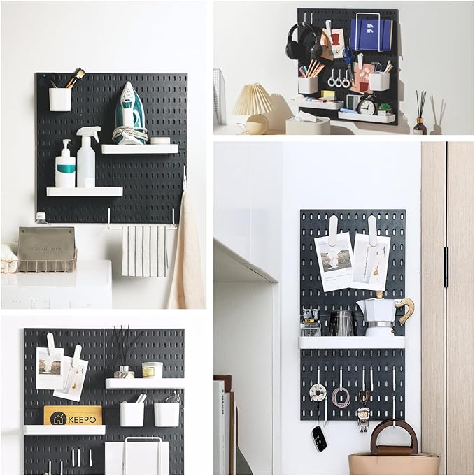 Keepo Pegboard Combination Kit, Pegboards and Accessories Modular Hanging for Wall Organizer, Crafts Organization, Ornaments Display, Nursery Storage, Wall Peg Board (Black, 22″×22″)