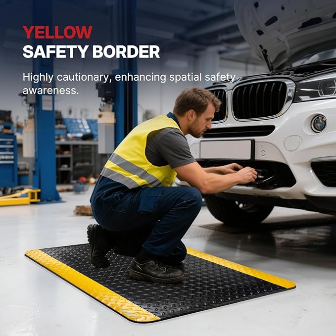NORTHSKY Olympia Anti Fatigue Mat Industrial, Standing Mat, Yellow Border Safety, 5 x 3 ft, 15/16" Thick, Advanced High-Density Memory Foam, for Workshop Workstations, Laboratory Benches