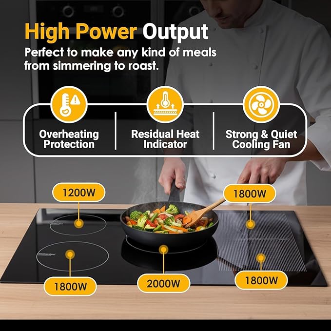 K&H 5 Burner Induction Cooktop - 31.5 Inch Built-In Electric Cermic Stove Top - 17 Heating Levels, 240V, 9200W High-Power Built-in Electric Stove Top - Child Lock, Timer & Touch Control - IN30-9200FLX
