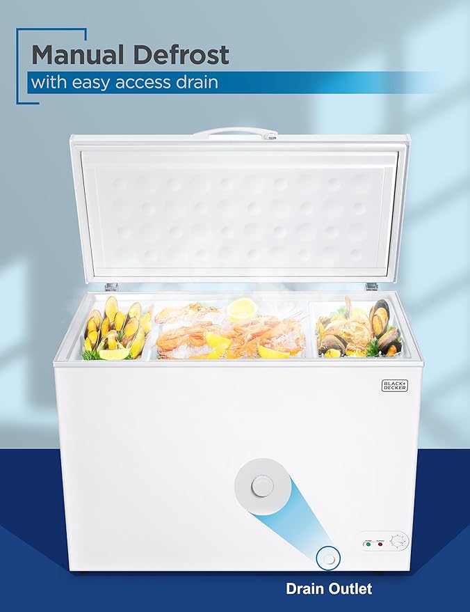 BLACK+DECKER 10 Cu. Ft. Chest Freezer, Deep Freezer with Top Opening, Freezer Chest with 2 Removable Storage Baskets, Mechanical Temperature Control, Manual Defrost, R600a Refrigerant,BCF1000E,White