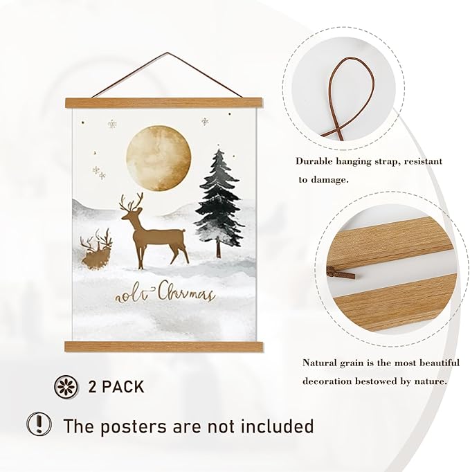 2 Pack Magnetic Poster Hanger Frame, 8x10 8x12 8x24 Light Wood Wooden Magnet Canvas Artwork Print Dowel Poster Hangers Frames Hanging Kit (Teak Wood, 8", 2 Packs)