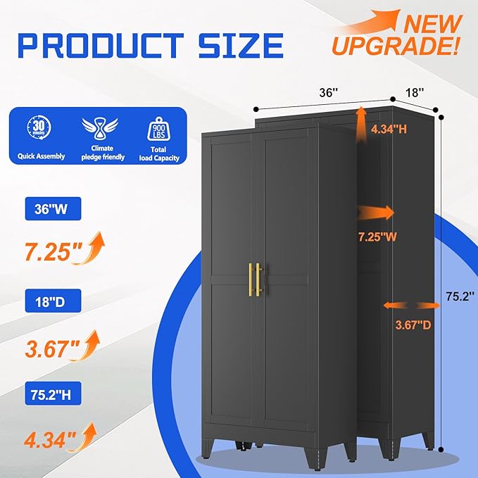 75.2" Tall Metal Storage Cabinet with 2 Doors and 5 Adjustable Shelves, New upgrade Kitchen Pantry Cabinet, Black Freestanding Cupboard, 6 Tier Steel Storage for Office, Kitchen, Dining, Garage