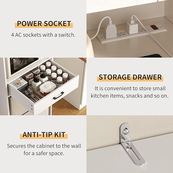 Mini Fridge Stand with Storage and Power Outlet, Coffee Bar Cabinet with Microwave Shelf, – Fits Most Mini Fridges and Wine Coolers, for Dorm, Kitchen, or Office White KH03MRW