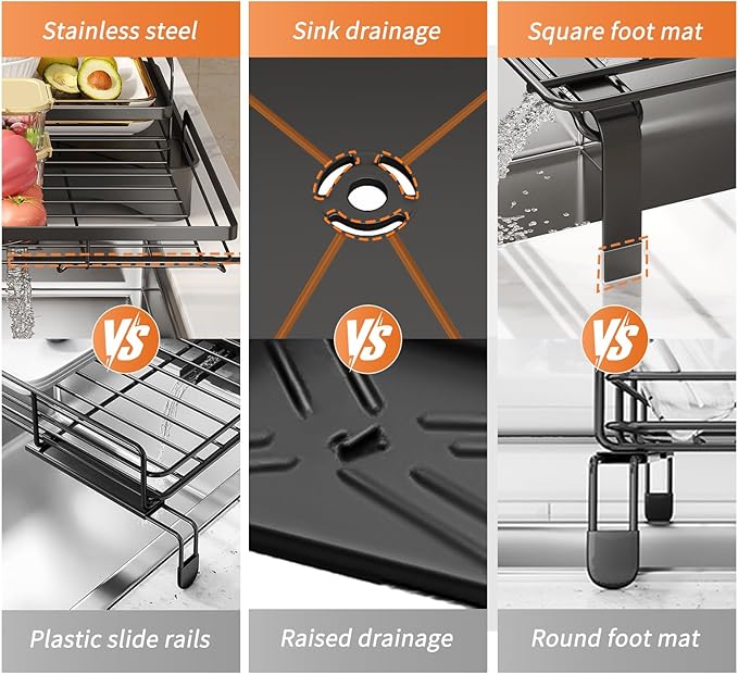 Extendable Dish Rack for Kitchen Sink - Heavy-Duty Adjustable Over Sink Drying Rack with Utensil Holder & Drain Tray, Space Saving Steel Frame Dish Rack (Black)