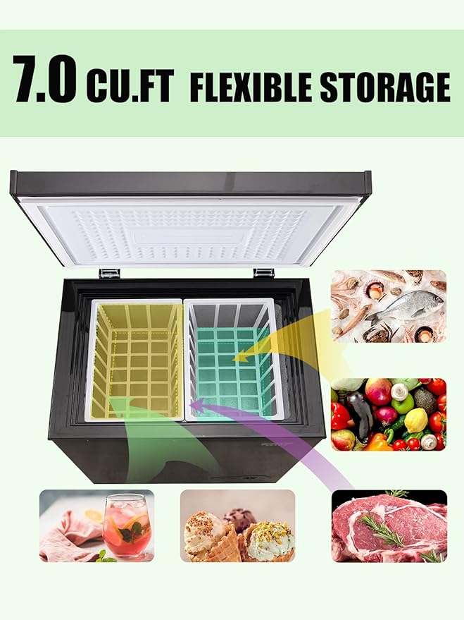 7.0 Cu.Ft Chest Freezer 7 Gears Temperature Control(-4°F to 6.8°F), Deep Compact Freezer with Two Removable Basket, for House, Kitchen, Garage, Basement, Shop, Black