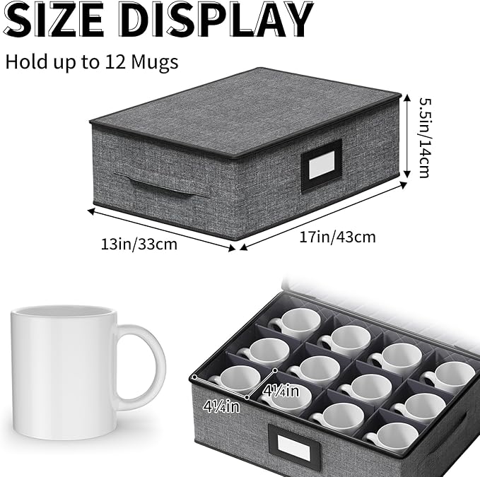 Aokeyee 2-Pack Mug & Cup Storage Box, Hard Shell Storage Container - Holds 24 Coffee Mugs, Teacups & Glasses, Stackable with Lid, Handles, Zippers & Label Slot, for Moving & Protection, Grey