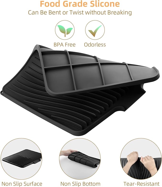 Fuyit Silicone Dish Drying Mat with Raised Drain Lip, Inclined Design, 16" x 13" Heat Resistant Non-Slip Mat for Kitchen Counter or Sink (Black）
