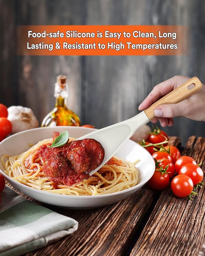Cooking Spoon for Nonstick Cookwares, Great for Cooking and Serving Sturdy BPA-Free Matte Silicone, Wood Handle Spoon for Mixing, Scoop, and Scrape (WHITE, 11.4 inch)
