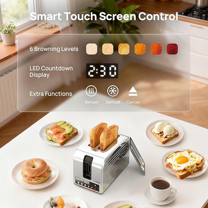 2 Slice Toaster, Consciot Smart Touchscreen Toaster with 6 Browning Levels, Reheat/Defrost/Cancel Functions, Extra-Wide Slots, Removable Crumb Tray, Auto Pop-up & Anti Jam, Peak 925W, Stainless Steel