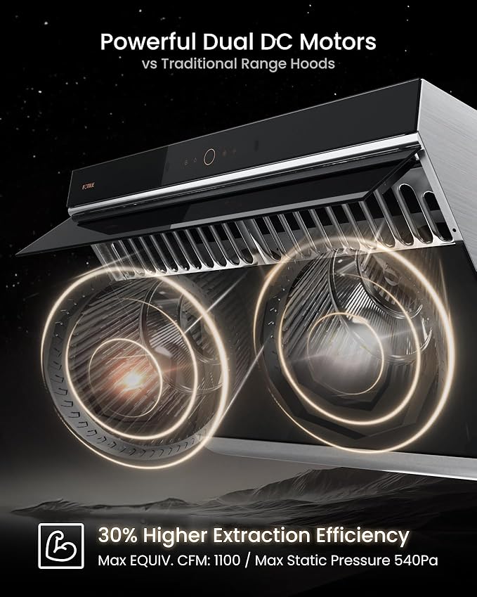 FOTILE JQG7507 Under Cabinet or Wall Mount Kitchen Range Hood 1100 CFM 4 Speed Level with LED Lights, Fingerprint Resistance and Motion Control