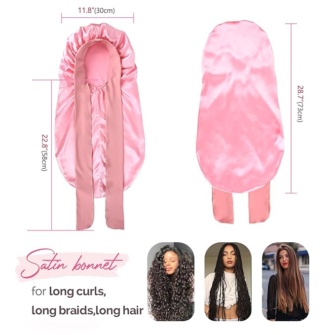 YANIBEST Long Bonnet Satin Bonnet for Sleeping Braid Bonnet with Tie Band Silk Sleep Bonnet for Women Locs Blush Pink