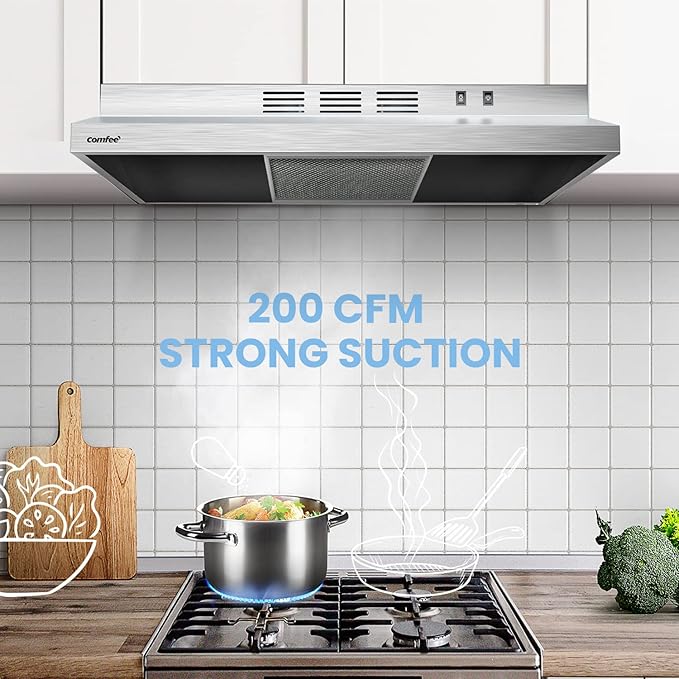Comfee CVU30W2AST Range Hood 30 Inch Ducted Ductless Vent Hood Durable Stainless Steel Kitchen Hood for Under Cabinet with 2 Reusable Filter, 200 CFM, 2 Speed Exhaust Fan Silver