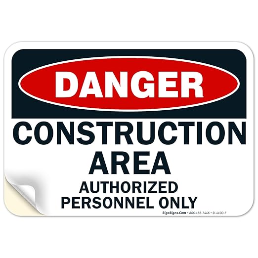 Danger Construction Area Sign, Authorized Personnel Only Sign, 10x7 Inches, 4 Mil Vinyl Decal Stickers Weather Resistant, Made in USA