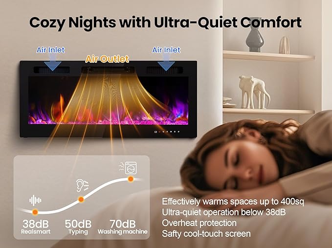 Electric Fireplace 50 Inch Wall Mount Insert Fireplaces Realsmart 1500W,Fit for 2 X 6 stub,Ultra-Thin Heater Ultra-Thin with 3 Heating Modes Timer 12 Adjustable Flame Colors Touch Remote Control
