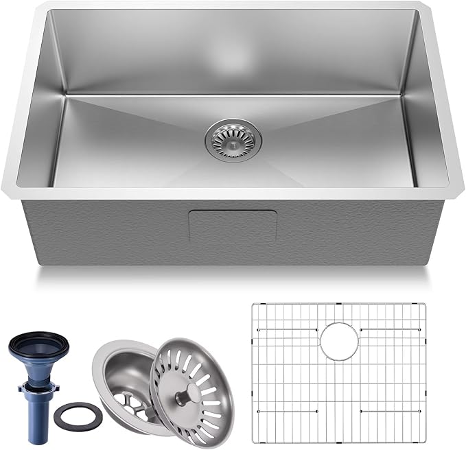 30 inch Undermount Handmade 18 Gauge Single Bowl Stainless Steel Kitchen Sink with Accessories