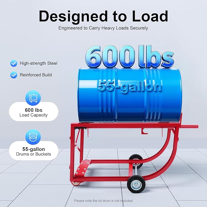 55Gal Drum Cradle, 600lbs Capacity Oil Drum Rack, Movable Barrel Cradle Stand with Four Wheels, Heavy Duty Steel Drum Dolly, Drum Rack for Workshops Factories Garages Warehouses
