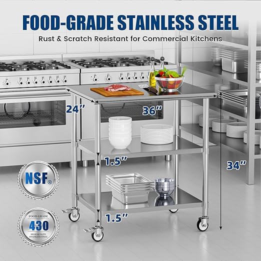 Stainless Steel Work Table with Wheels, 24x36 Inch NSF Kitchen Prep Table with 2 Adjustable Undershelves for Commercial Restaurant, Garage, Outdoor BBQ