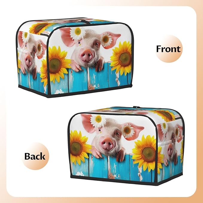 Toaster Cover 2 Slice with Pockets, Funny Pig On The Wooden Board Rustic Sunflower Farmhouse Kitchen Accessories Decor Bread Maker Oven Protector Covers Dust Proof Fingerprint Covers
