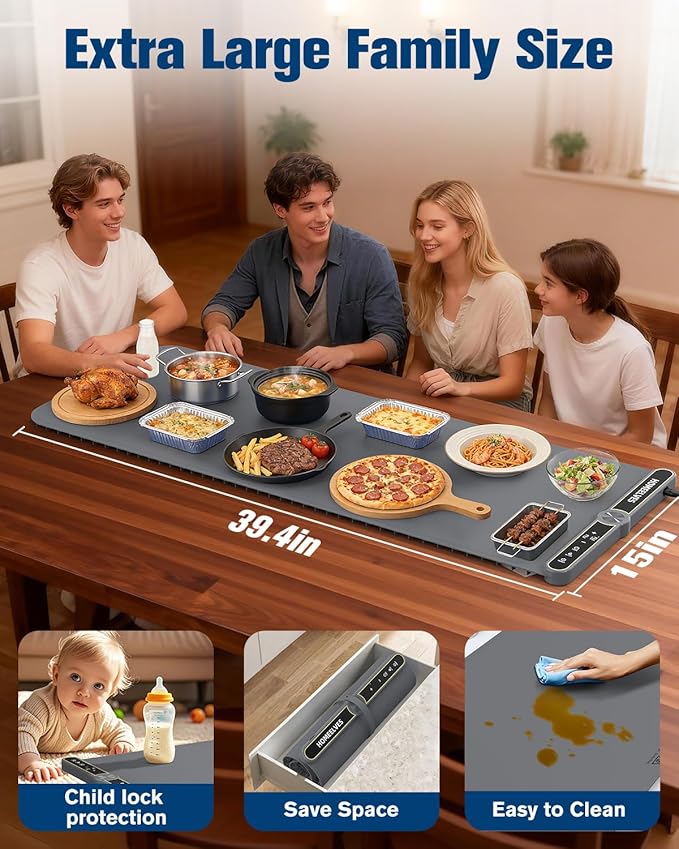 Warming Mat for Food Extra Large 39.4”X15”, 8S Rapid Heating Electric Warming Tray with 9 Temp Setting and 6H Timer, Food Warming Pad, Portable Food Warmers for Parties Buffet, Gray