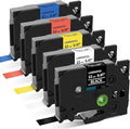 P Touch Label Maker Tape 12mm 0.47 Inch Laminated White/Black/Red/Blue/Yellow Replacement for Brother TZe Label Tape, for Ptouch Model PT-D200 D210 H100 1880, Colored Tape, 5-Pack