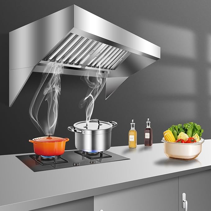 5FT Commercial Kitchen Exhaust Hood, Wall Mount Stainless Steel Vent Hood with Detachable u-Shaped Grease Filters, Rust-Resistant Restaurant Range Hood for Food Truck Cooking Station Concession Traile