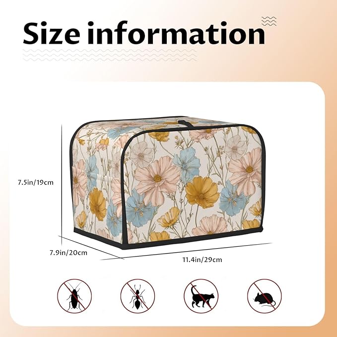 2 Slice Toaster Cover for Kitchen Vintage Flower Botanical Waterproof and Dustproof Toaster Dust Cover with Side Pockets Decorative Universal Cover for Wide Slot Toasters and Small Appliances