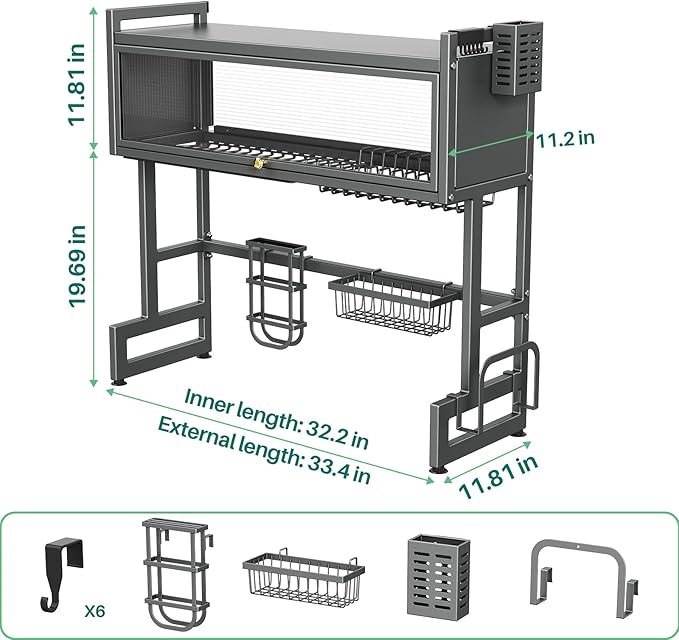 Over The Sink Dish Drying Rack with Cover, Over The Sink Dish Drainer Drying Rack 3 Tier Dish Rack, Keep Kitchen Sink Shlef Organized Space-Saving for Dishes and Cutlery (Matte Gray, 33.4" Length)