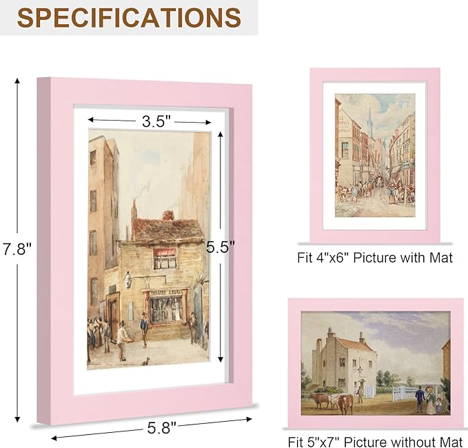 Vittanly 5x7 Picture Frame, Solid Wood Frame with Plexiglass, Includes 4x6 Mat, Wall Hanging or Tabletop for Home Decor, Pale Pink, 1 Pack