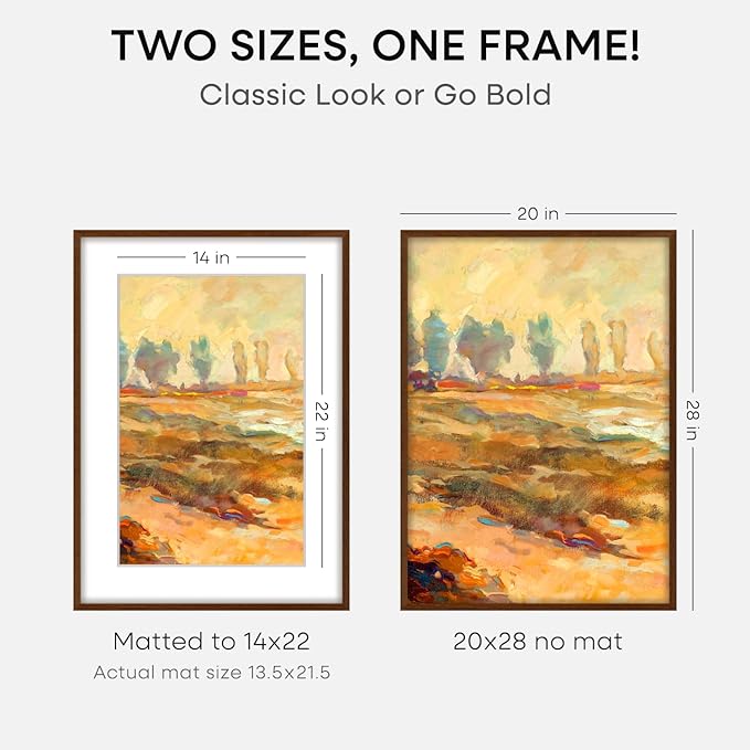 Homeforia 20x28 Picture Frame Brown, High End Dark Oak 20x28 Walnut Wooden Poster Frames with Mat 14x22, 20 x 28 Wood Frame Matted to 14 by 22, 28x20 Hanging Frames, Tempered Glass, Wall Kit, Set of 3