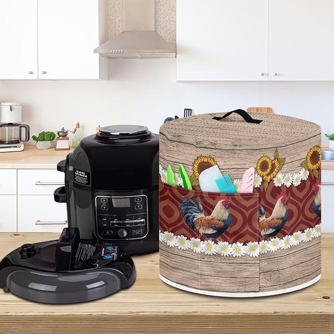 Air Fryer Cover Dust Cover Compatible with 3 Quart Instant Pot, Dust Protection Insulated Kitchen Appliance Cover with Top Handle and Storage Pockets for Gift, Daisy Rooster Wood Grain
