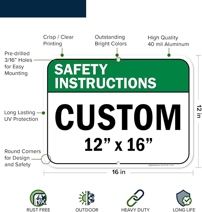 Custom Safety Instructions Sign, Ansi Sign, Osha Compliant, 12x16 Inches, Post Holes, Rust Free .040 Aluminum, Fade Resistant, Indoor/Outdoor Use, Made in USA by My Sign Center