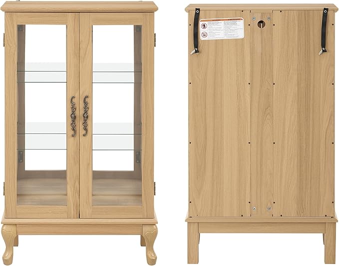 43" H Lighted Curio Cabinet Display Case, Glass Curio Cabinet with Adjustable Shelves & Tempered Glass Door, Wooden Cabinets with Mirrored Back Pane for Living Room (Light Oak)