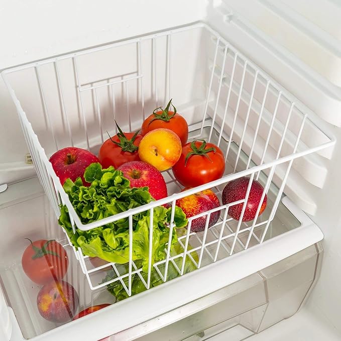Freezer Basket Organizer, Refrigerator Metal Wire Storage Divider, Household Container Bins with Handles for Kitchen, Pantry, Cabinet, Closets - Pearl White (6, 11in x 10in x 5.5in)