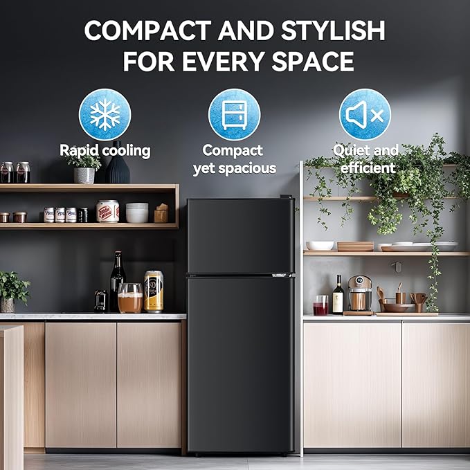 4.0 Cu.Ft Fridge with Freezer, Double Door Refrigerator with 6 Level Thermostat, LED Light, Adjustable Glass Shelves for Bedroom, Office, Dorm, Apartment, Black