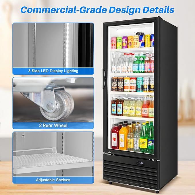 Commercial Beverage Refrigerator, 24.5" Glass Door Display Fridge, 15 Cu.Ft Freestanding Beverage Cooler with 4 Adjustable Shelves, Auto Rebound Door, Low Noise, for Shops, Restaurants & Bars, Black