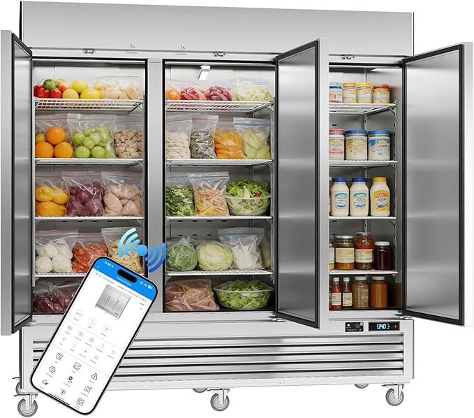 VEECOOL 72 cu.ft Commercial Refrigerator WiFi-Enabled, 82" Two Section Full Door Stainless Steel Reach in Refrigerator, LED Lighting, App and Digital Control, R290 Refrigerant, ETL&ETL Sanitation