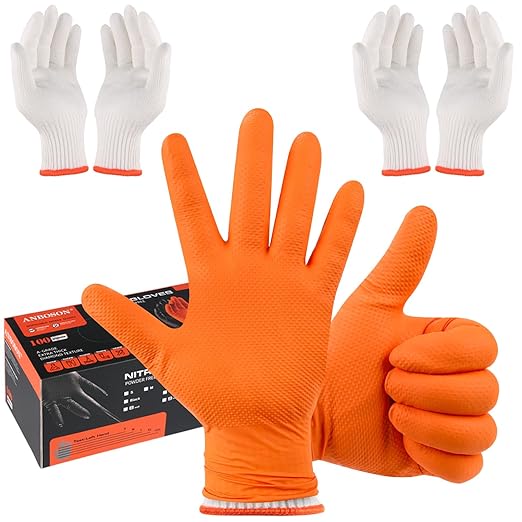 BBQ Gloves for Grilling Disposable Heat Resistant - 100 Nitrile Gloves + 4 Reusable Cotton Liners for Cooking Smoker -Orange XXLarge