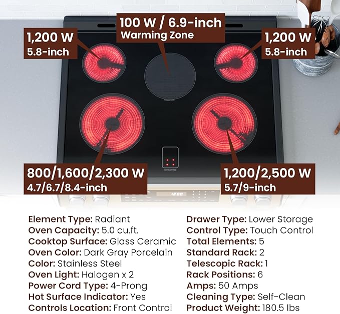 Rangaire RRE303GS 30" Glass Touch Electric Range Oven - Stainless Steel, Infrared Stove Burners, True Convection, Self Cleaning, Easy Reach Racks