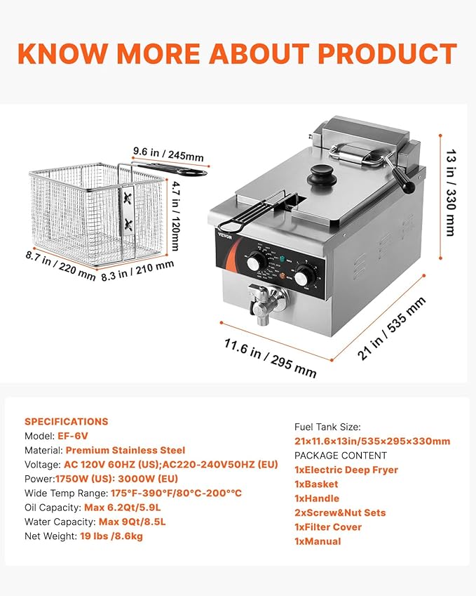 VEVOR Commercial Deep Fryer, 9Qt /8.5 L Single Oil Fryer, 1mm Thickened Stainless Steel, 1750W Electric Countertop Fryer with Basket, Time & Temp Control, for Kitchen Restaurant Use, Silver